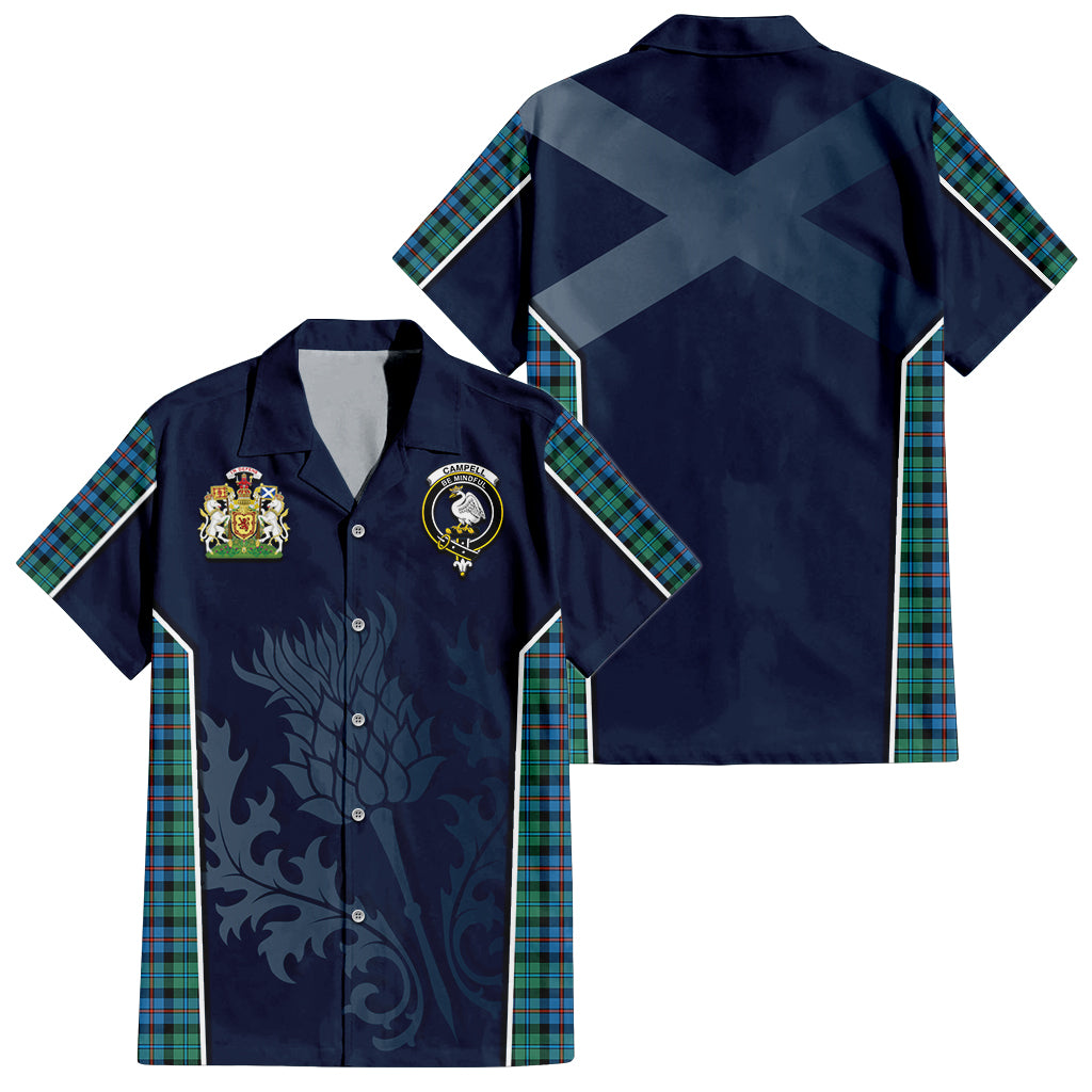 Tartan Vibes Clothing Campbell of Cawdor Ancient Tartan Short Sleeve Button Up Shirt with Family Crest and Scottish Thistle Vibes Sport Style