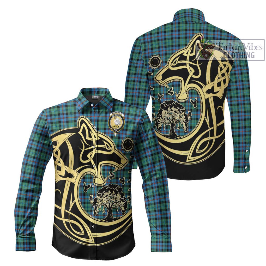 Campbell of Cawdor Ancient Tartan Long Sleeve Button Shirt with Family Crest Celtic Wolf Style Men's Shirt S - Tartan Vibes Clothing