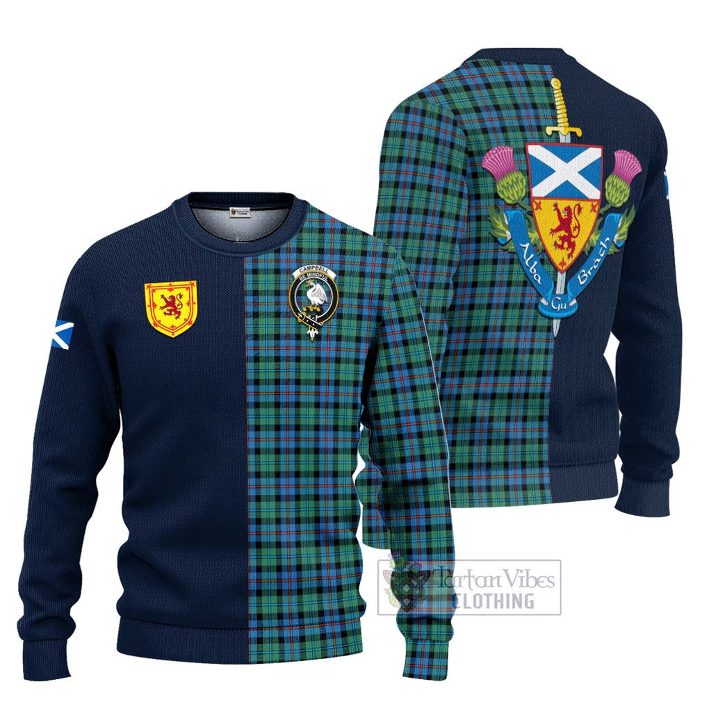 Tartan Vibes Clothing Campbell of Cawdor Ancient Tartan Knitted Sweater with Scottish Lion Royal Arm Half Style