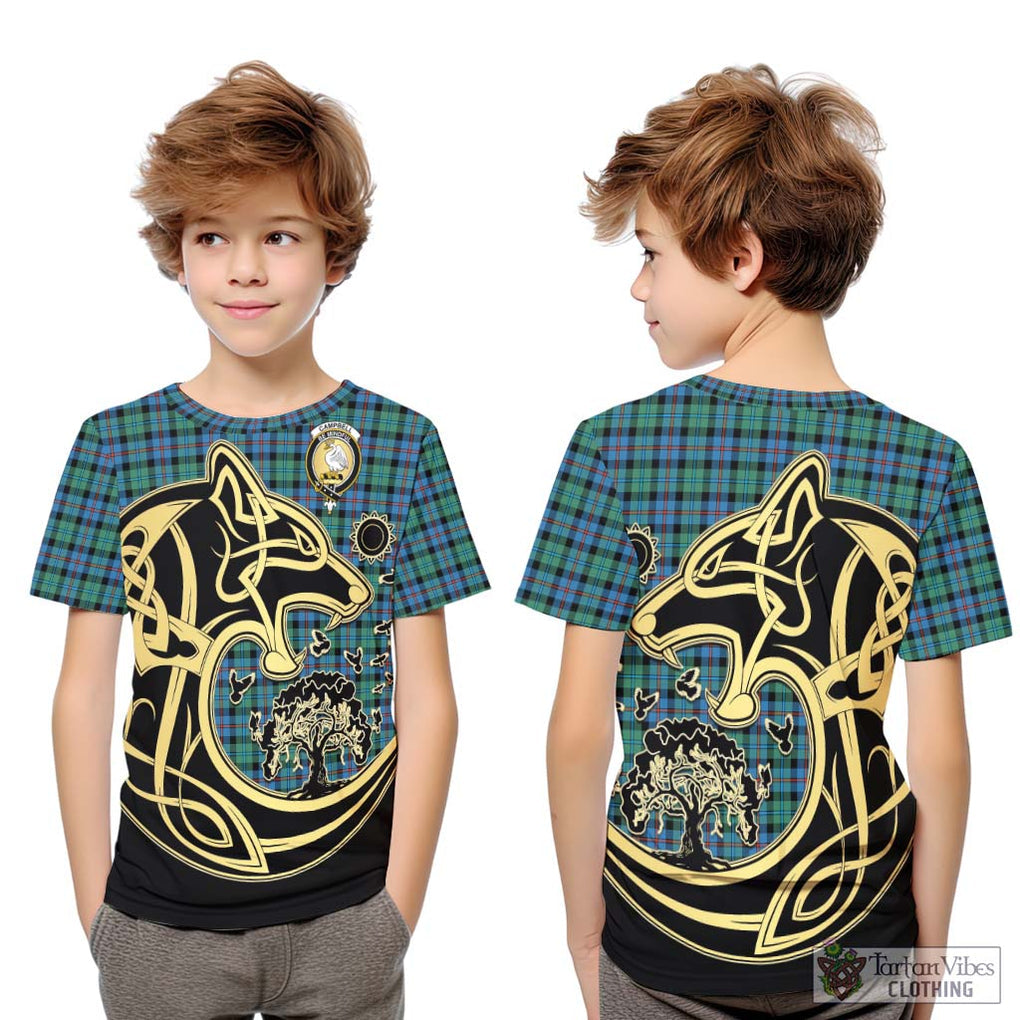 Campbell of Cawdor Ancient Tartan Kid T-Shirt with Family Crest Celtic Wolf Style Youth XL Size14 - Tartan Vibes Clothing