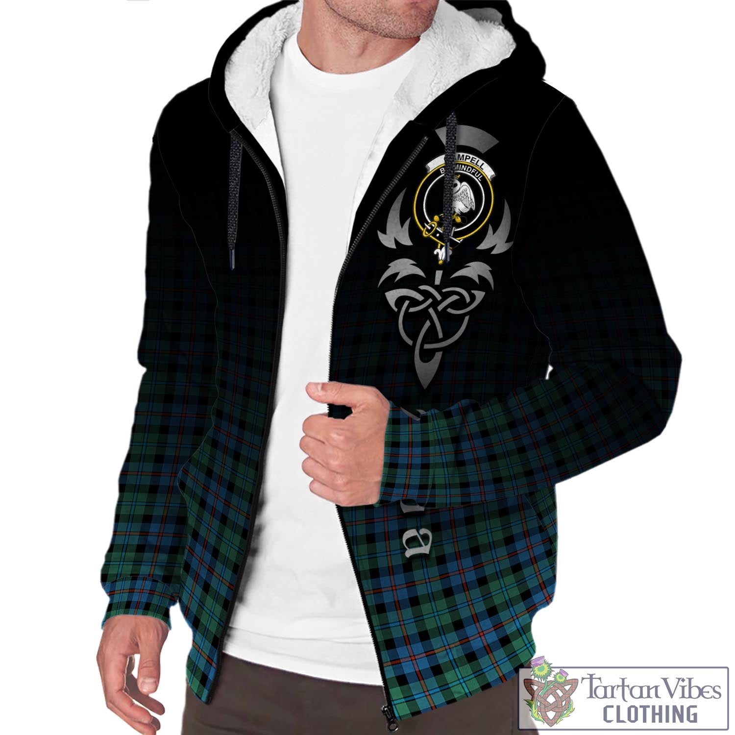 Tartan Vibes Clothing Campbell of Cawdor Ancient Tartan Sherpa Hoodie Featuring Alba Gu Brath Family Crest Celtic Inspired