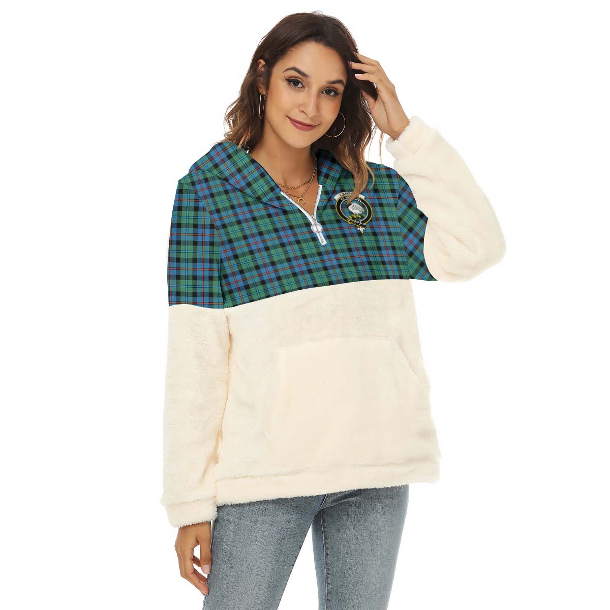Campbell of Cawdor Ancient Tartan Women's Borg Fleece Hoodie With Half Zip with Family Crest Female - Tartanvibesclothing