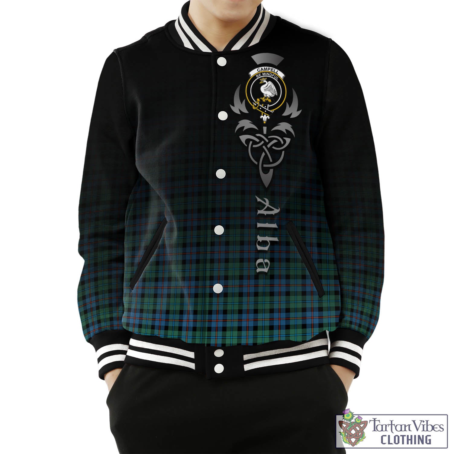 Tartan Vibes Clothing Campbell of Cawdor Ancient Tartan Baseball Jacket Featuring Alba Gu Brath Family Crest Celtic Inspired