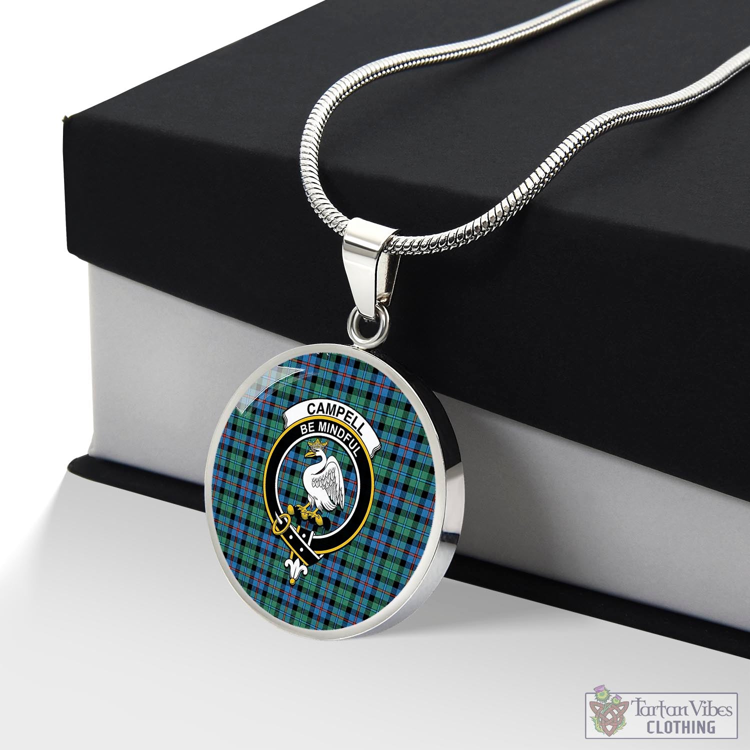 Tartan Vibes Clothing Campbell of Cawdor Ancient Tartan Circle Necklace with Family Crest