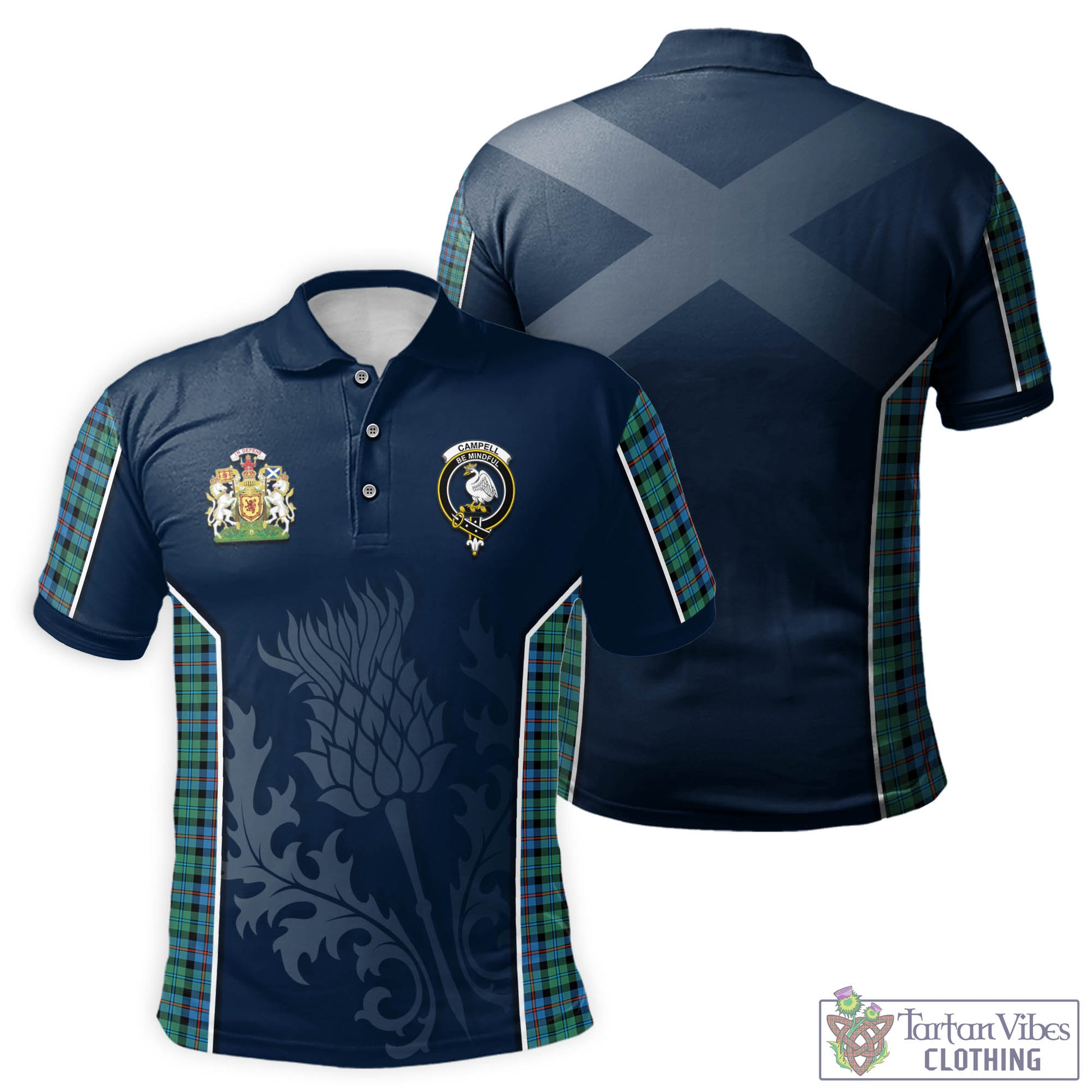 Tartan Vibes Clothing Campbell of Cawdor Ancient Tartan Men's Polo Shirt with Family Crest and Scottish Thistle Vibes Sport Style