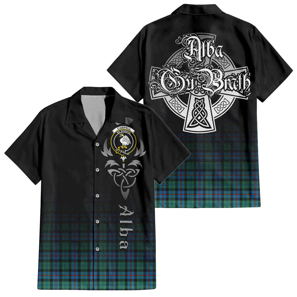 Tartan Vibes Clothing Campbell of Cawdor Ancient Tartan Short Sleeve Button Up Featuring Alba Gu Brath Family Crest Celtic Inspired