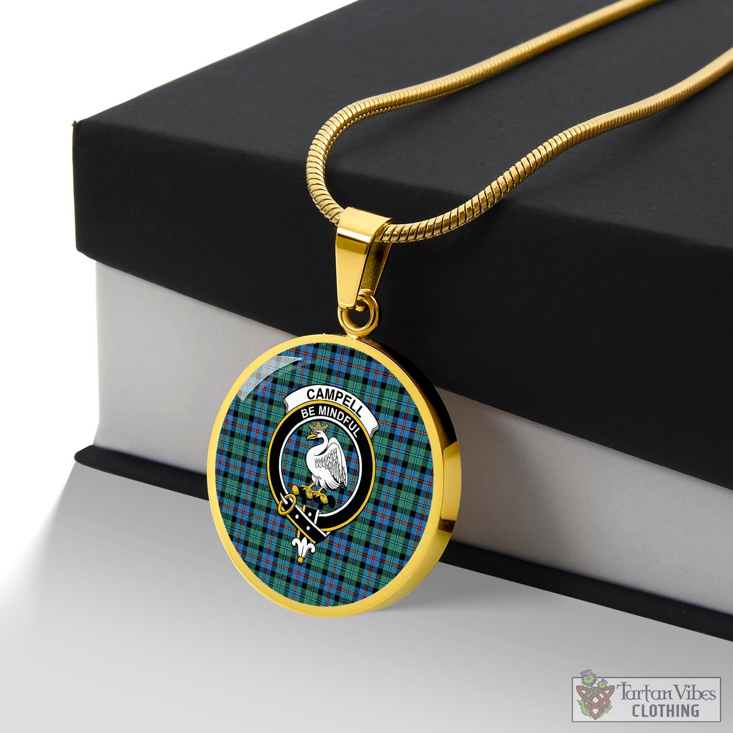 Tartan Vibes Clothing Campbell of Cawdor Ancient Tartan Circle Necklace with Family Crest