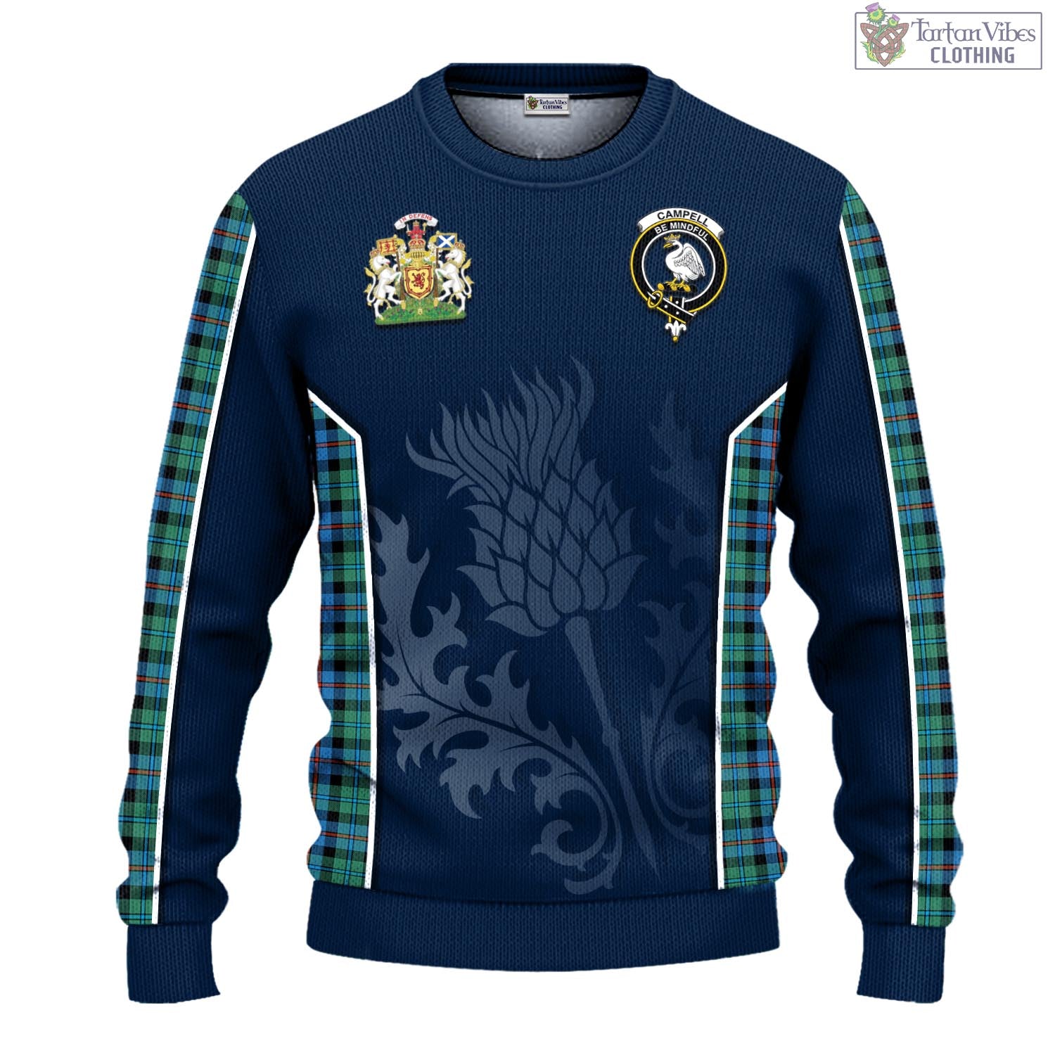 Tartan Vibes Clothing Campbell of Cawdor Ancient Tartan Knitted Sweatshirt with Family Crest and Scottish Thistle Vibes Sport Style