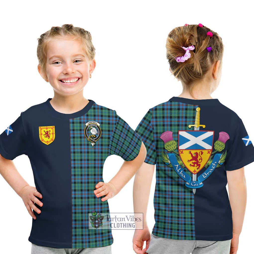 Tartan Vibes Clothing Campbell of Cawdor Ancient Tartan Kid T-Shirt with Scottish Lion Royal Arm Half Style