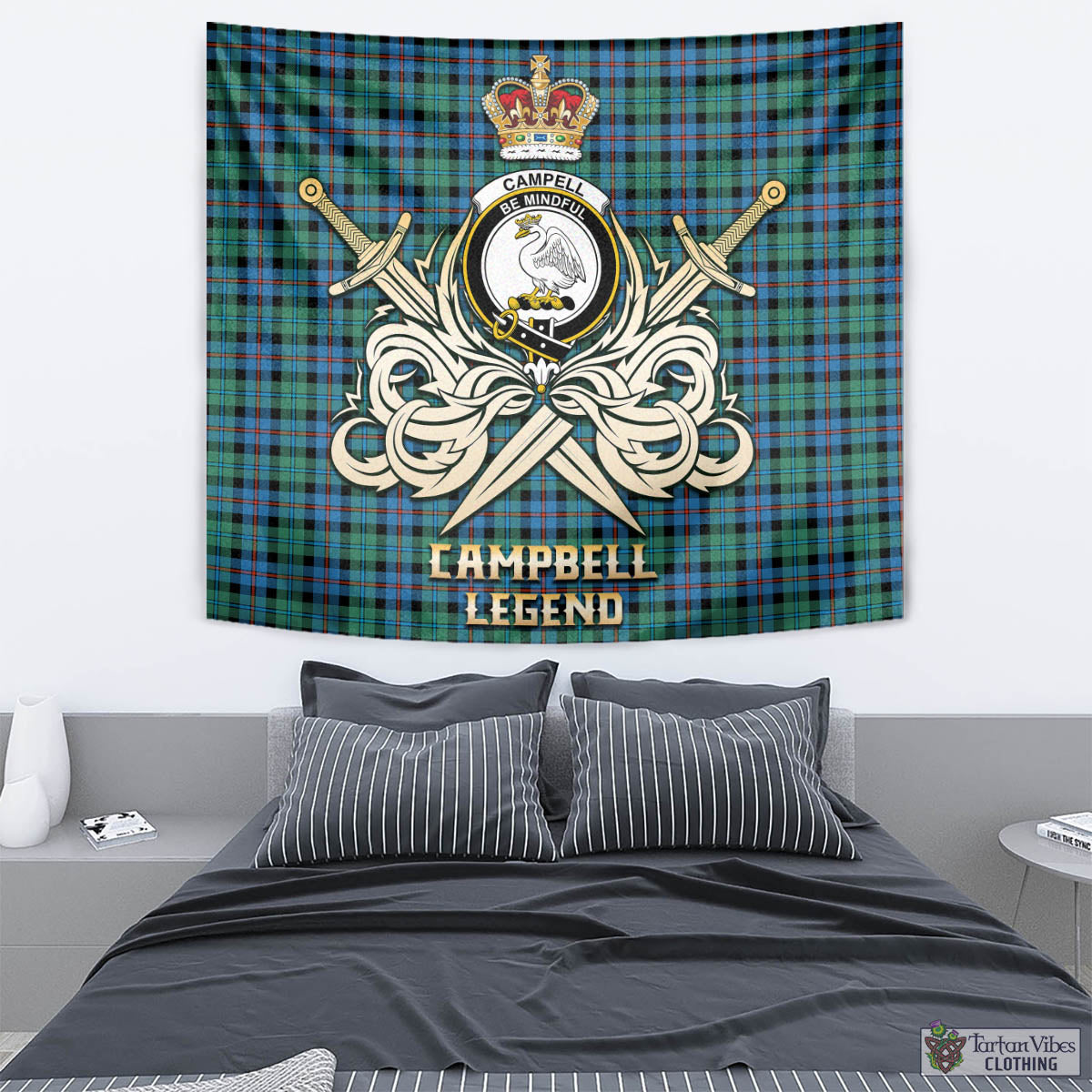 Tartan Vibes Clothing Campbell of Cawdor Ancient Tartan Tapestry with Clan Crest and the Golden Sword of Courageous Legacy