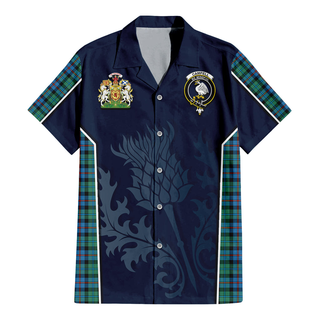 Tartan Vibes Clothing Campbell of Cawdor Ancient Tartan Short Sleeve Button Up Shirt with Family Crest and Scottish Thistle Vibes Sport Style