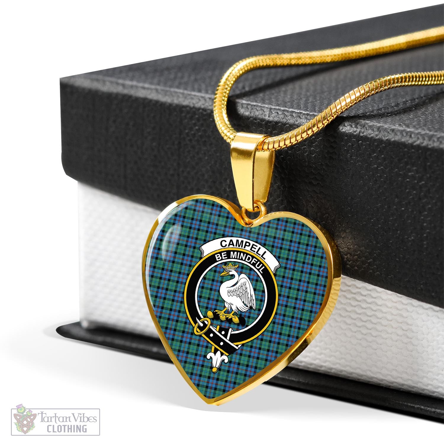 Tartan Vibes Clothing Campbell of Cawdor Ancient Tartan Heart Necklace with Family Crest