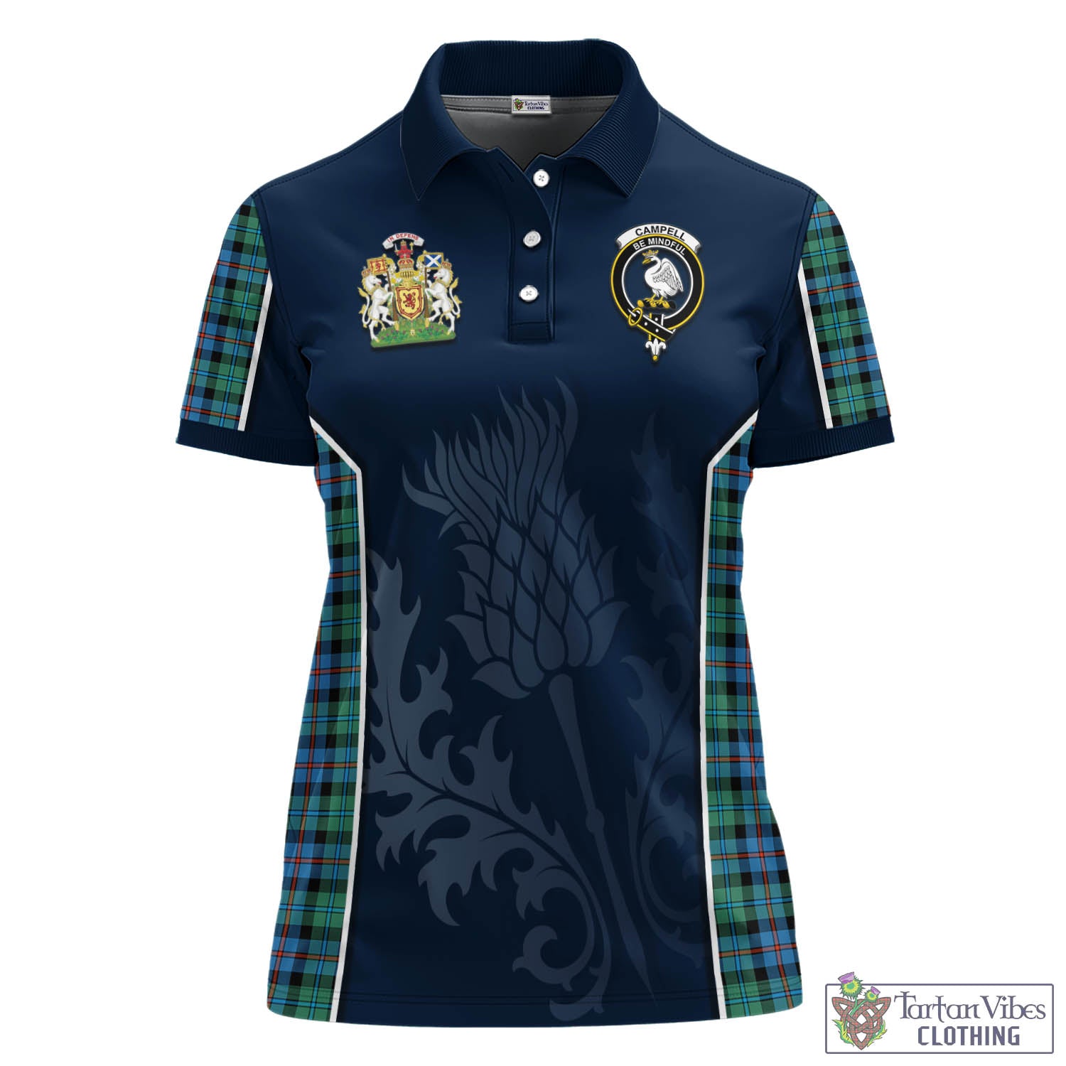 Tartan Vibes Clothing Campbell of Cawdor Ancient Tartan Women's Polo Shirt with Family Crest and Scottish Thistle Vibes Sport Style