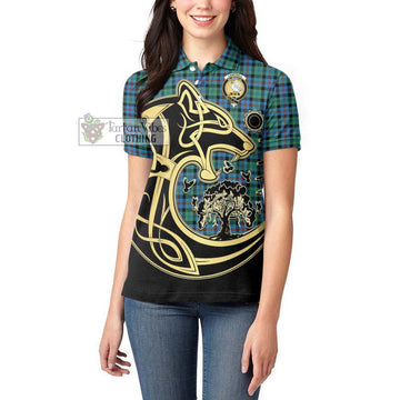 Campbell of Cawdor Ancient Tartan Women's Polo Shirt with Family Crest Celtic Wolf Style