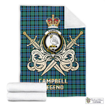 Campbell of Cawdor Ancient Tartan Blanket with Clan Crest and the Golden Sword of Courageous Legacy