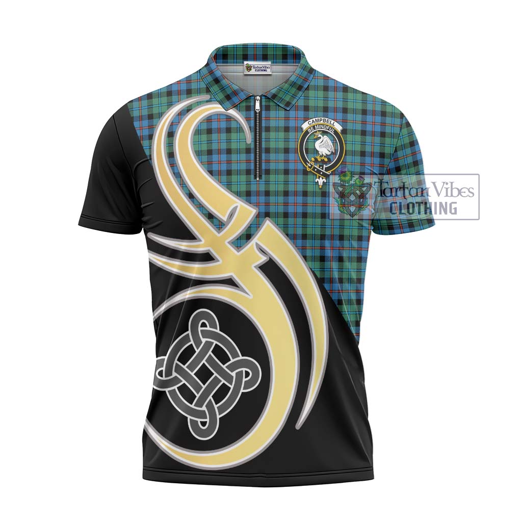 Tartan Vibes Clothing Campbell of Cawdor Ancient Tartan Zipper Polo Shirt with Family Crest and Celtic Symbol Style