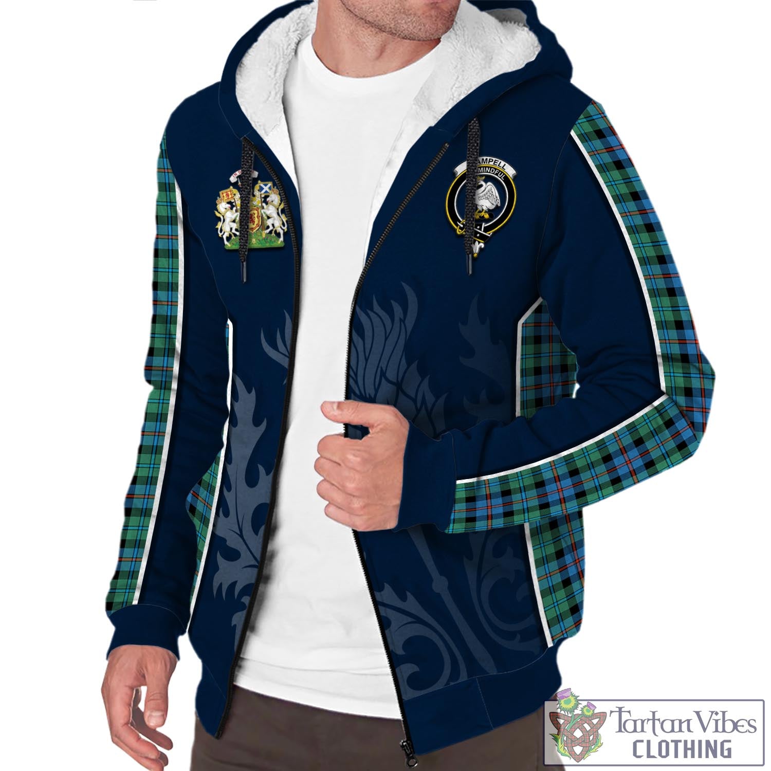 Tartan Vibes Clothing Campbell of Cawdor Ancient Tartan Sherpa Hoodie with Family Crest and Scottish Thistle Vibes Sport Style