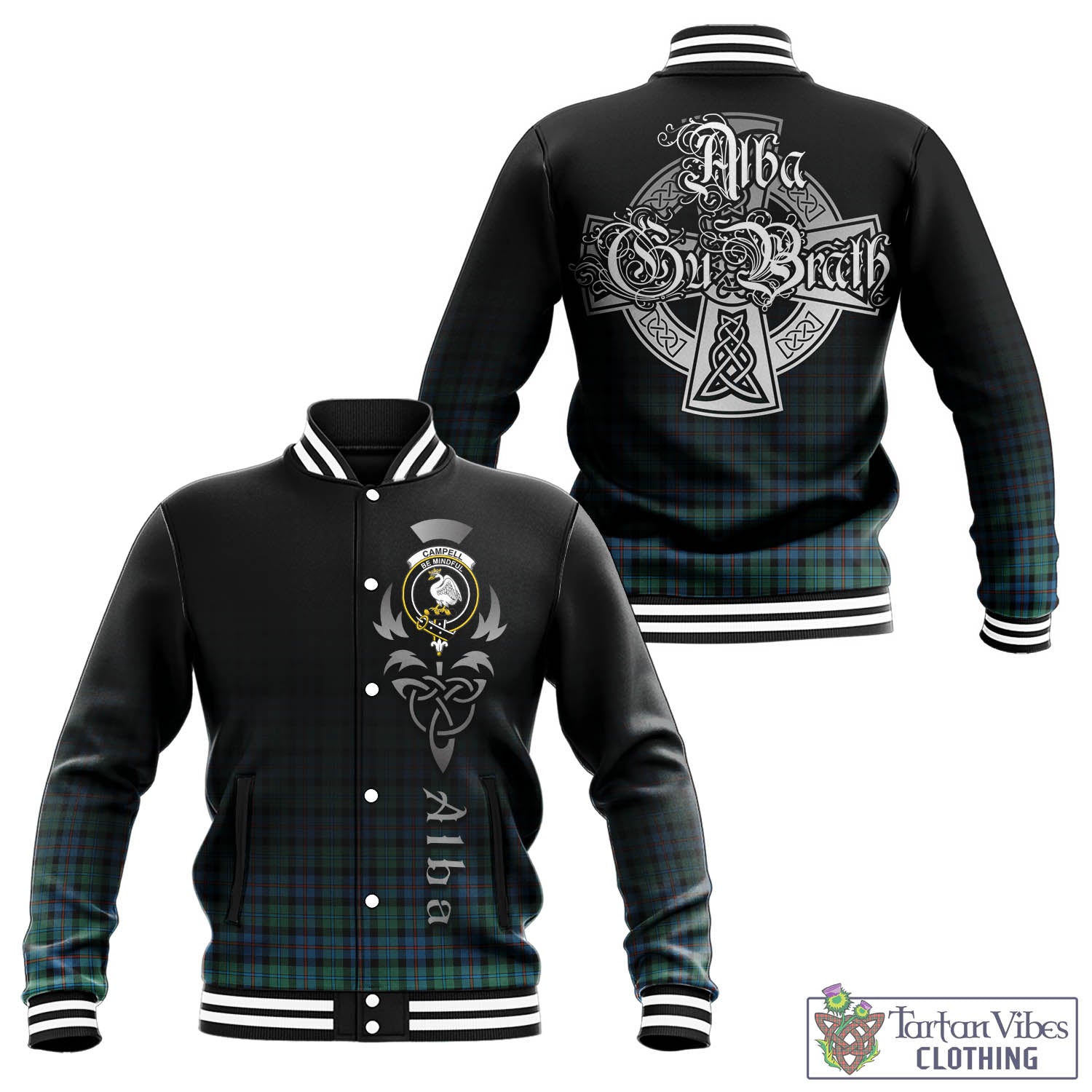 Tartan Vibes Clothing Campbell of Cawdor Ancient Tartan Baseball Jacket Featuring Alba Gu Brath Family Crest Celtic Inspired