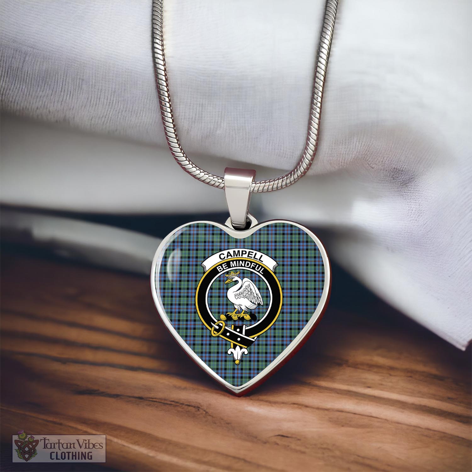 Tartan Vibes Clothing Campbell of Cawdor Ancient Tartan Heart Necklace with Family Crest