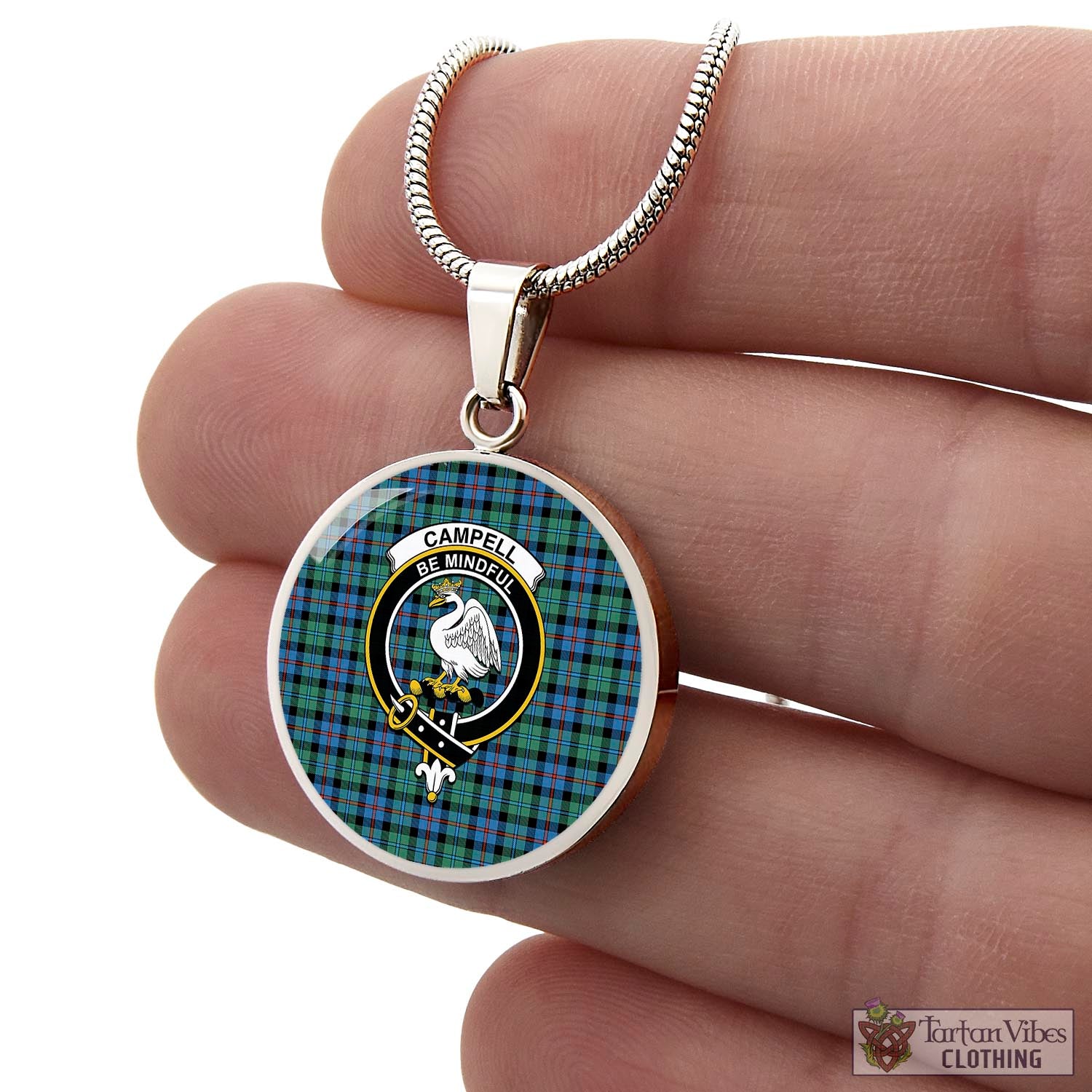 Tartan Vibes Clothing Campbell of Cawdor Ancient Tartan Circle Necklace with Family Crest