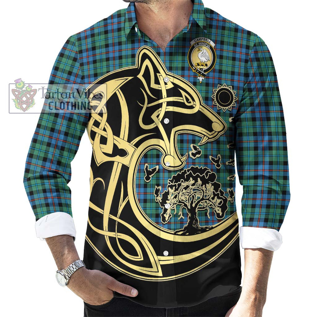 Campbell of Cawdor Ancient Tartan Long Sleeve Button Shirt with Family Crest Celtic Wolf Style - Tartan Vibes Clothing