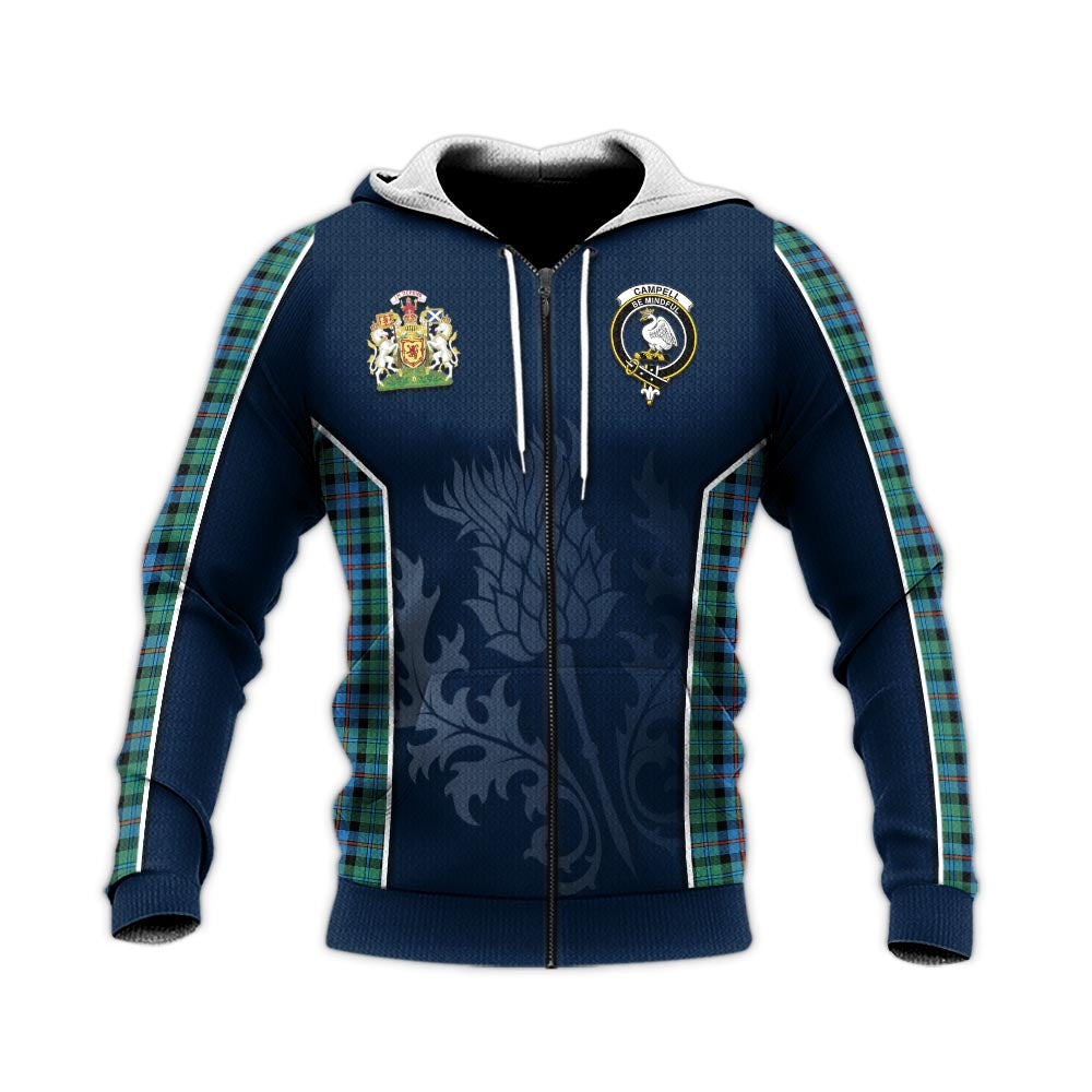 Tartan Vibes Clothing Campbell of Cawdor Ancient Tartan Knitted Hoodie with Family Crest and Scottish Thistle Vibes Sport Style