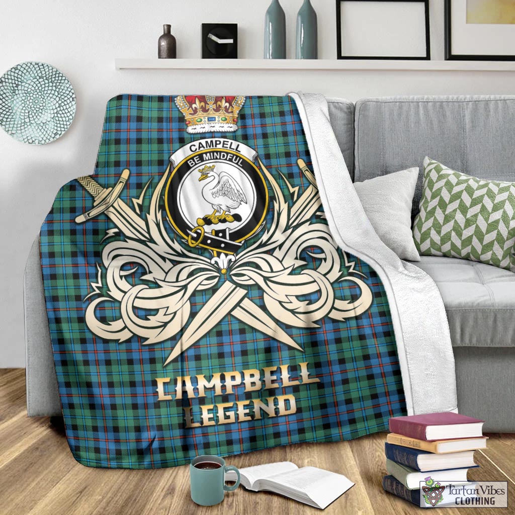 Tartan Vibes Clothing Campbell of Cawdor Ancient Tartan Blanket with Clan Crest and the Golden Sword of Courageous Legacy