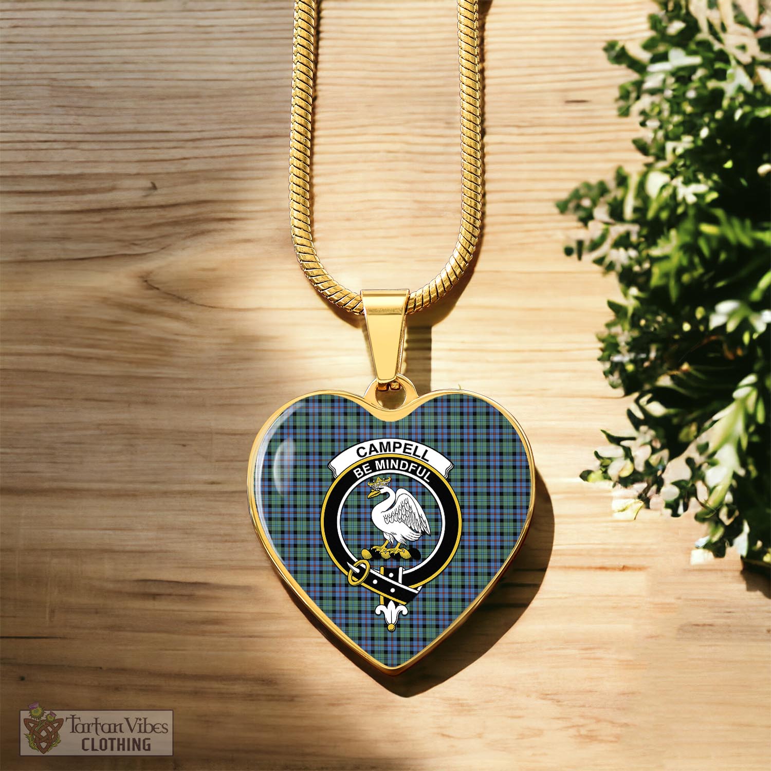 Tartan Vibes Clothing Campbell of Cawdor Ancient Tartan Heart Necklace with Family Crest