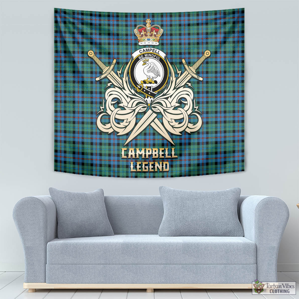 Tartan Vibes Clothing Campbell of Cawdor Ancient Tartan Tapestry with Clan Crest and the Golden Sword of Courageous Legacy