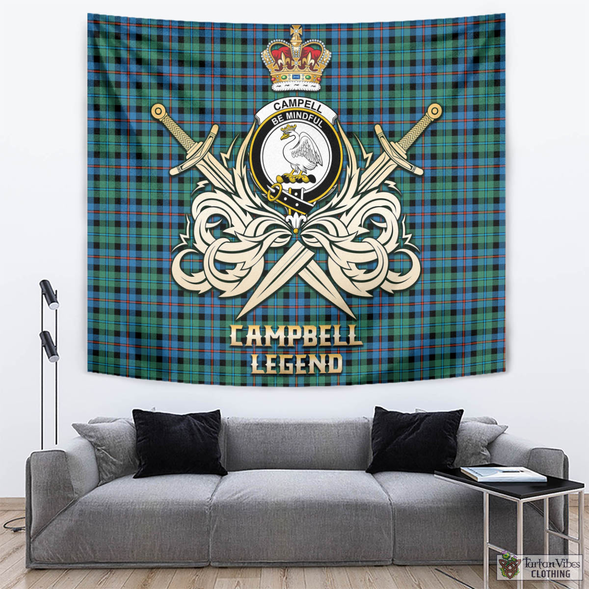 Tartan Vibes Clothing Campbell of Cawdor Ancient Tartan Tapestry with Clan Crest and the Golden Sword of Courageous Legacy