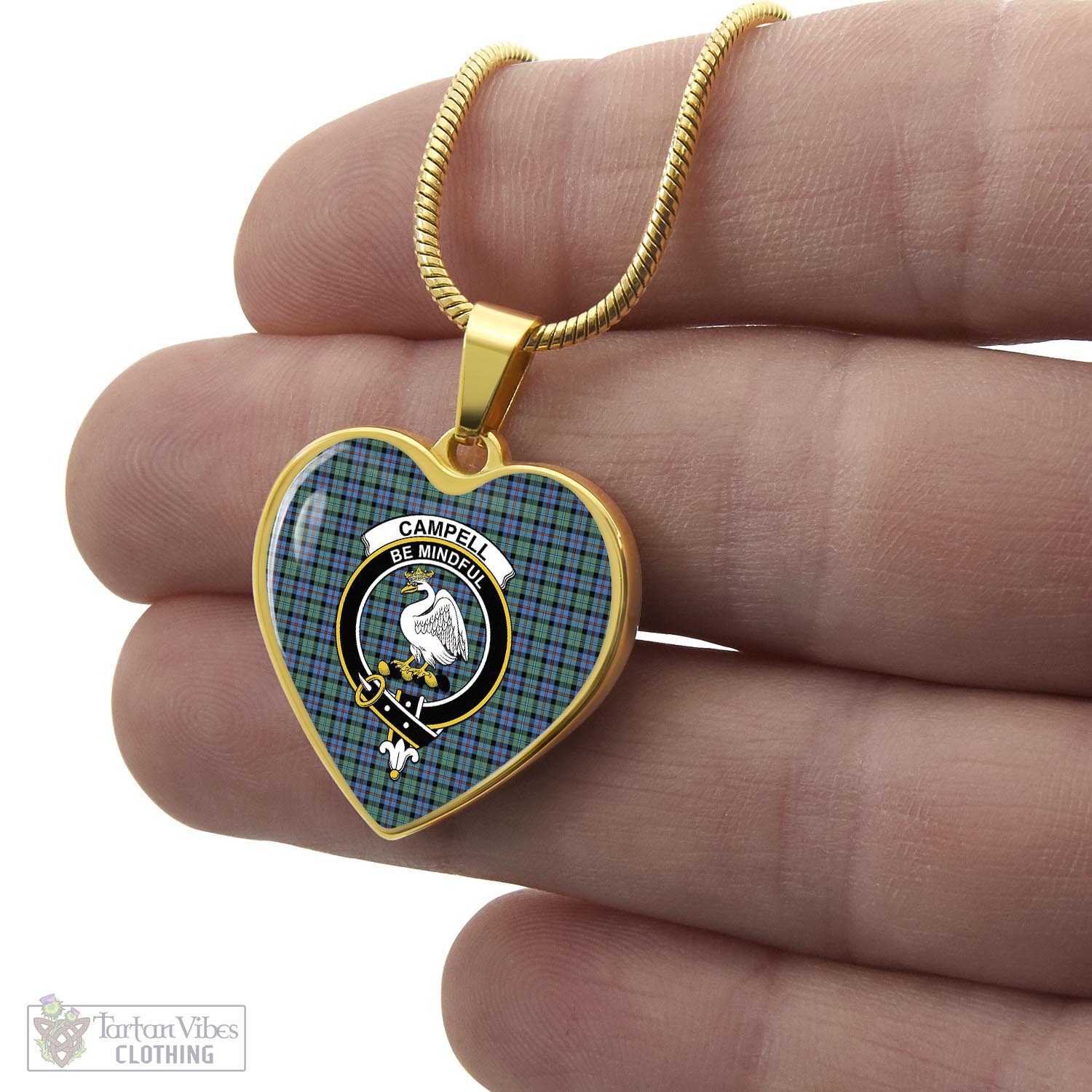 Tartan Vibes Clothing Campbell of Cawdor Ancient Tartan Heart Necklace with Family Crest