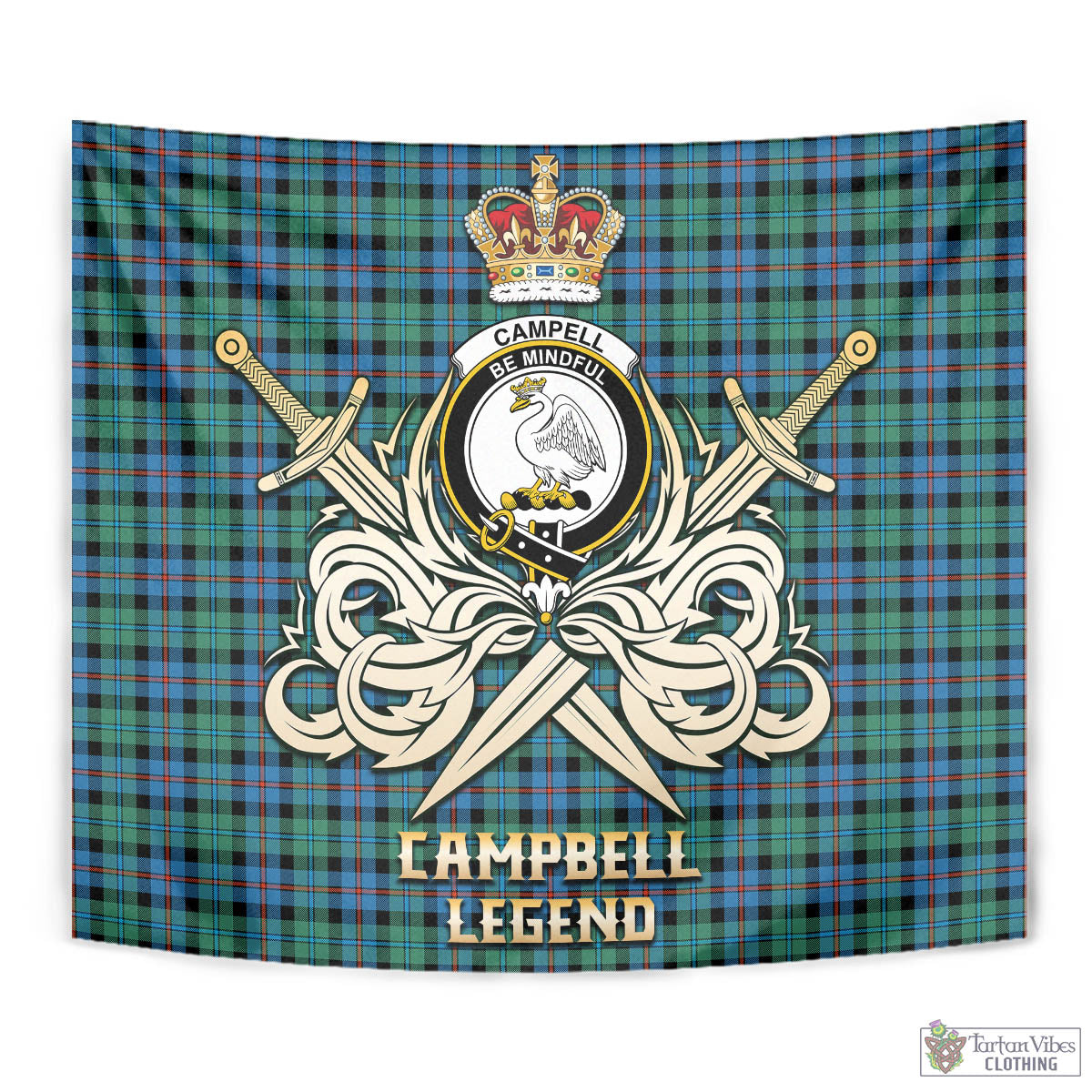 Tartan Vibes Clothing Campbell of Cawdor Ancient Tartan Tapestry with Clan Crest and the Golden Sword of Courageous Legacy