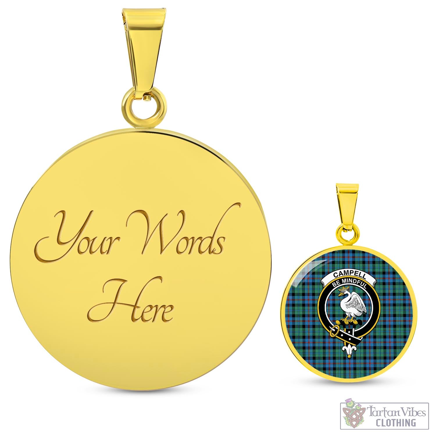 Tartan Vibes Clothing Campbell of Cawdor Ancient Tartan Circle Necklace with Family Crest