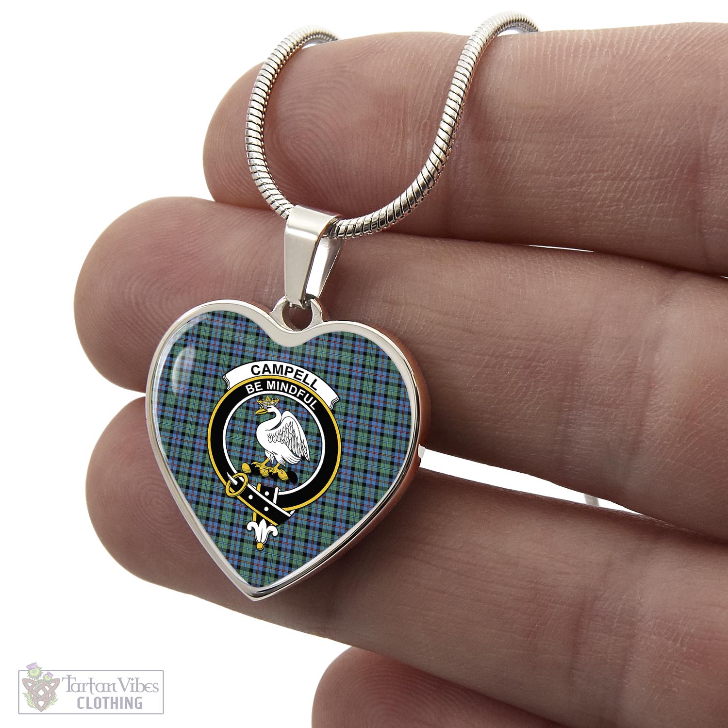 Tartan Vibes Clothing Campbell of Cawdor Ancient Tartan Heart Necklace with Family Crest