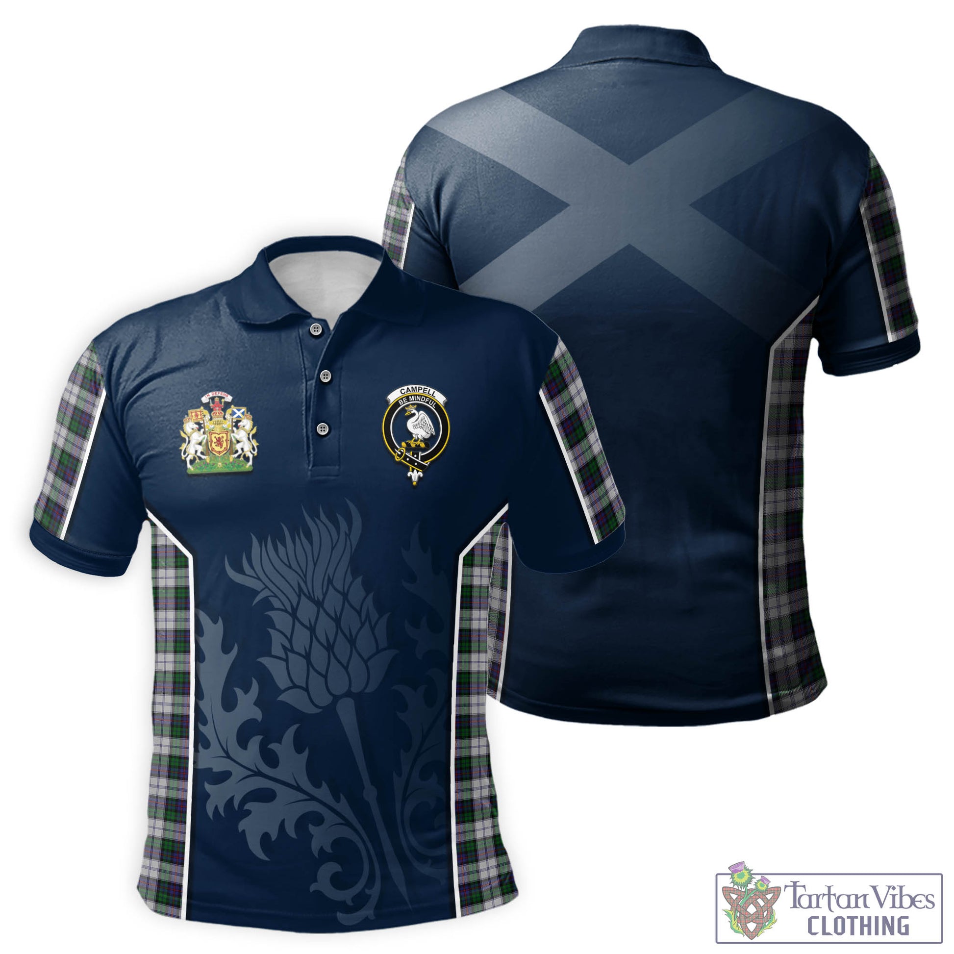 Tartan Vibes Clothing Campbell of Cawdor Dress Tartan Men's Polo Shirt with Family Crest and Scottish Thistle Vibes Sport Style