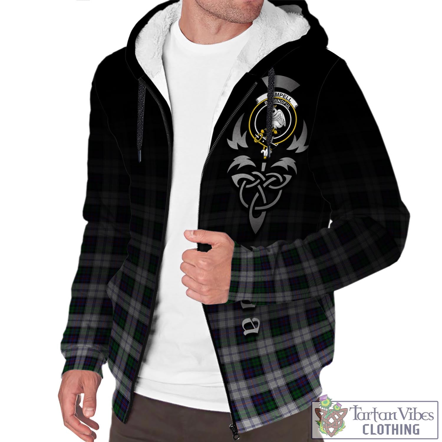 Tartan Vibes Clothing Campbell of Cawdor Dress Tartan Sherpa Hoodie Featuring Alba Gu Brath Family Crest Celtic Inspired