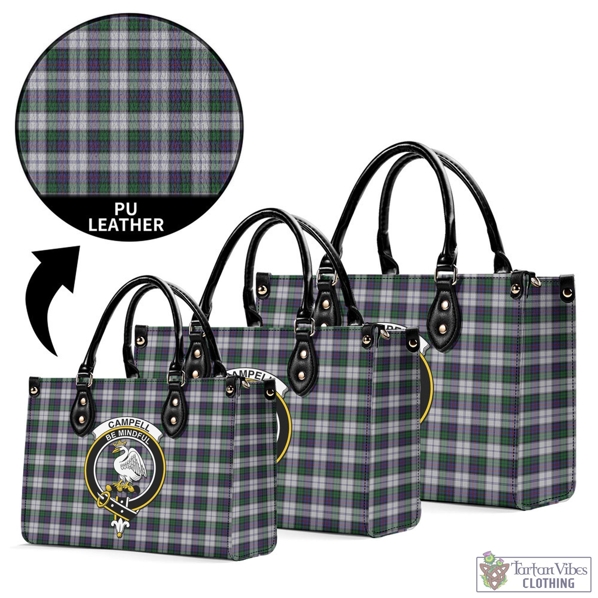 Tartan Vibes Clothing Campbell of Cawdor Dress Tartan Luxury Leather Handbags with Family Crest