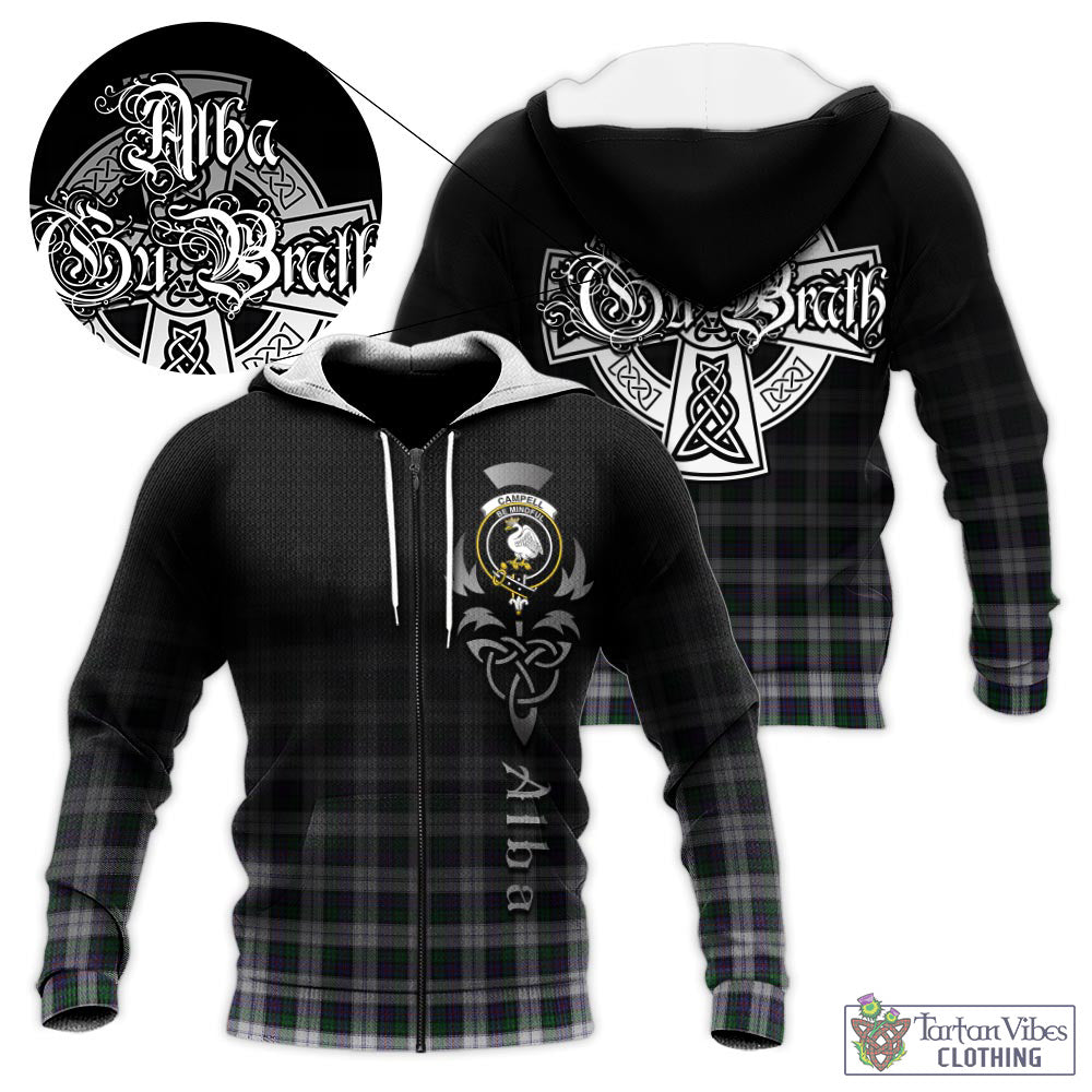 Tartan Vibes Clothing Campbell of Cawdor Dress Tartan Knitted Hoodie Featuring Alba Gu Brath Family Crest Celtic Inspired