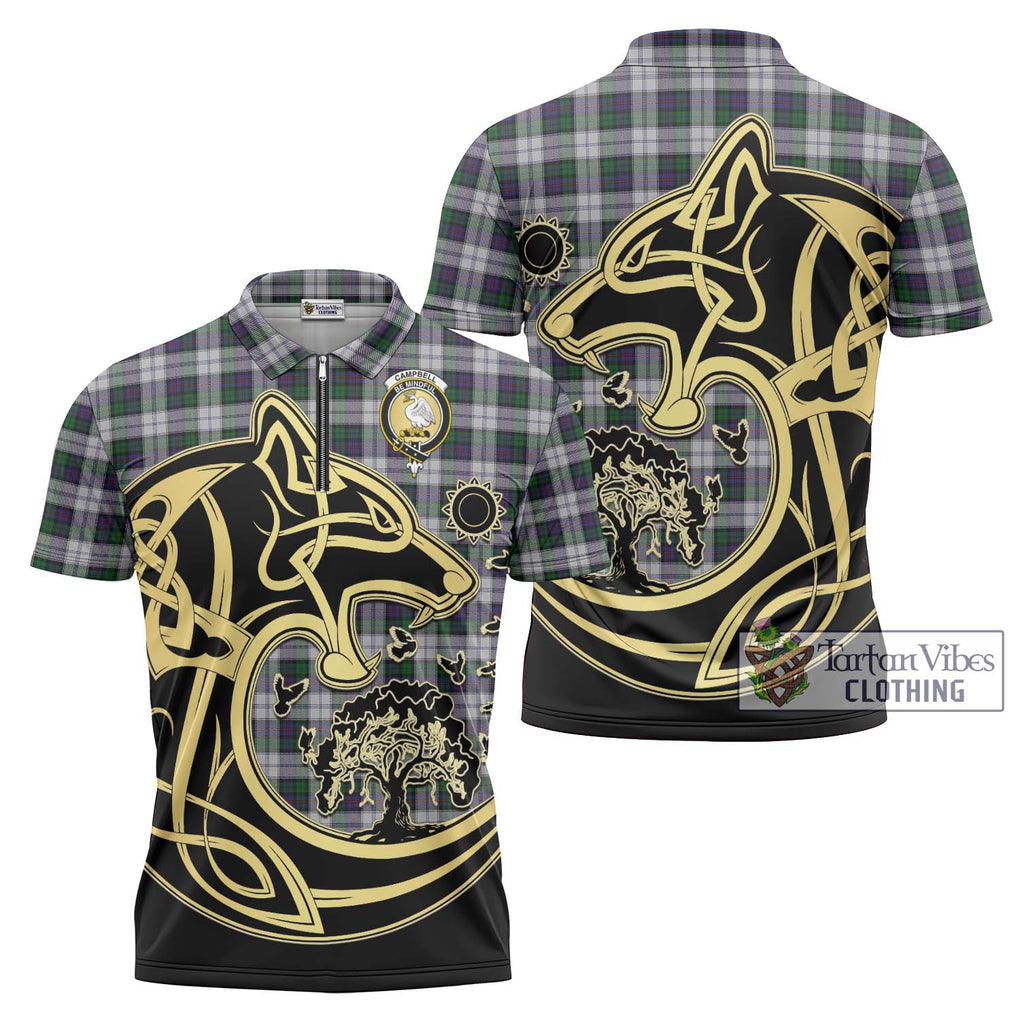 Campbell of Cawdor Dress Tartan Zipper Polo Shirt with Family Crest Celtic Wolf Style Unisex - Tartanvibesclothing Shop