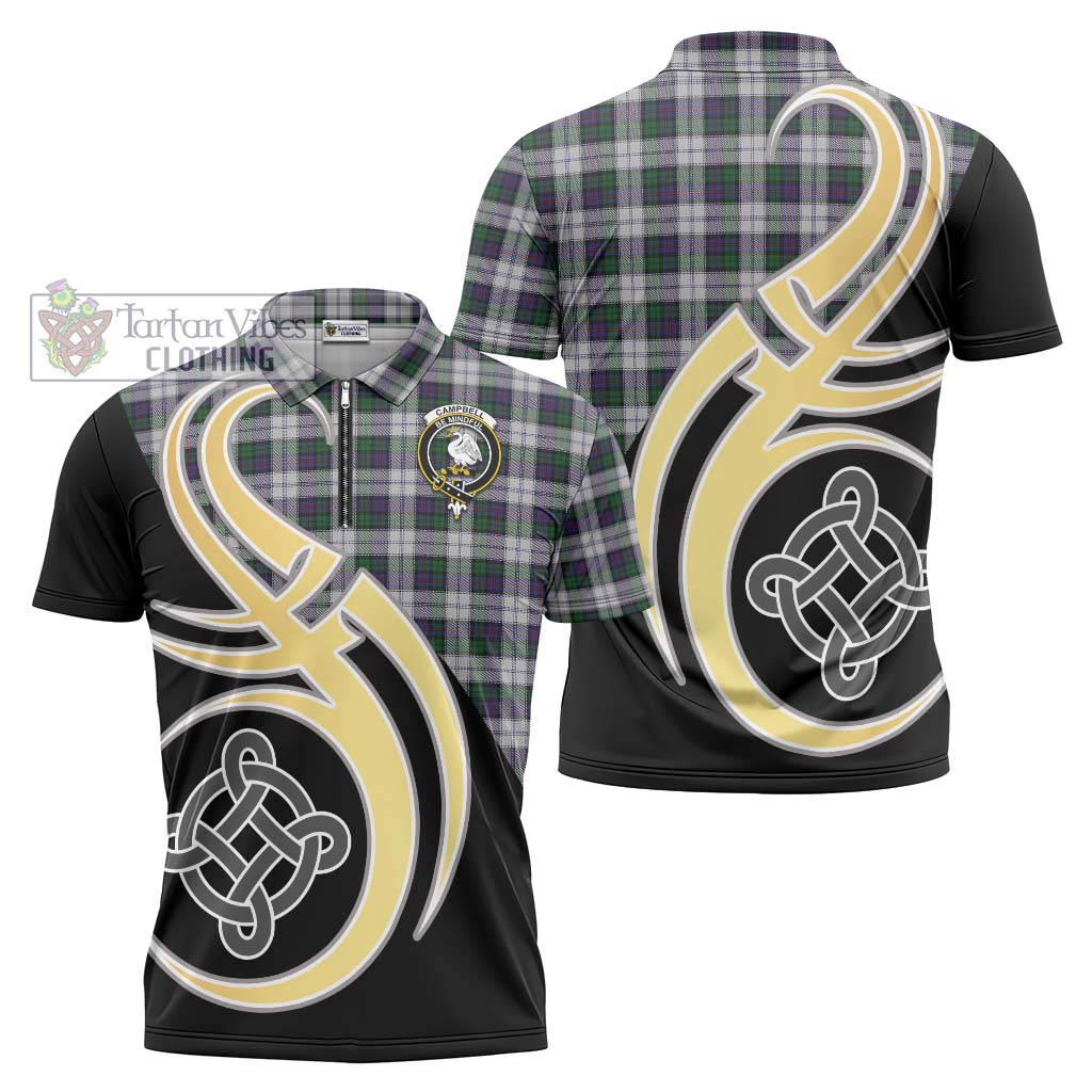 Tartan Vibes Clothing Campbell of Cawdor Dress Tartan Zipper Polo Shirt with Family Crest and Celtic Symbol Style