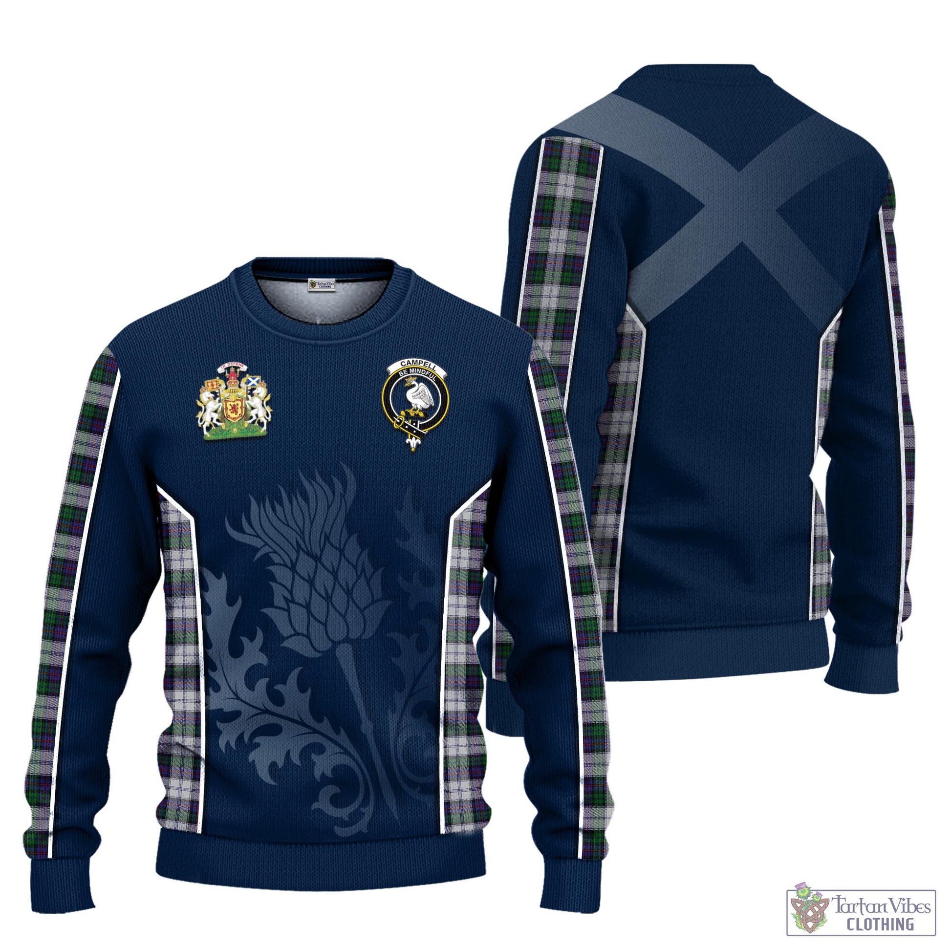 Tartan Vibes Clothing Campbell of Cawdor Dress Tartan Knitted Sweatshirt with Family Crest and Scottish Thistle Vibes Sport Style