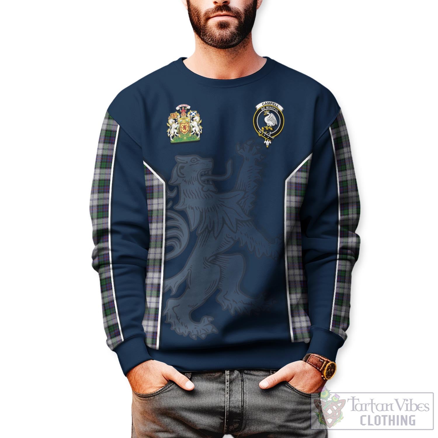 Tartan Vibes Clothing Campbell of Cawdor Dress Tartan Sweater with Family Crest and Lion Rampant Vibes Sport Style