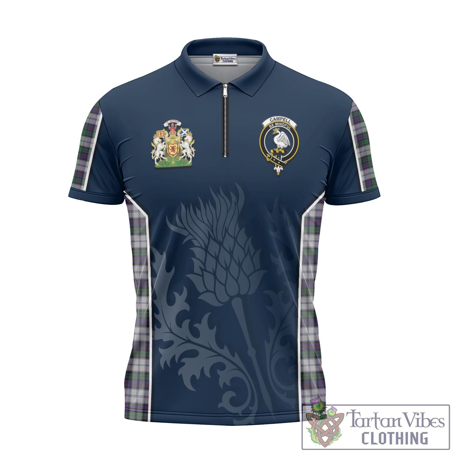 Tartan Vibes Clothing Campbell of Cawdor Dress Tartan Zipper Polo Shirt with Family Crest and Scottish Thistle Vibes Sport Style