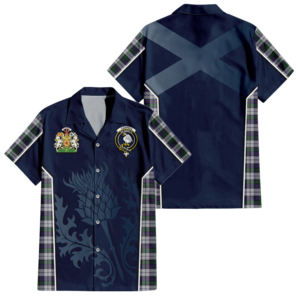 Tartan Vibes Clothing Campbell of Cawdor Dress Tartan Short Sleeve Button Up Shirt with Family Crest and Scottish Thistle Vibes Sport Style