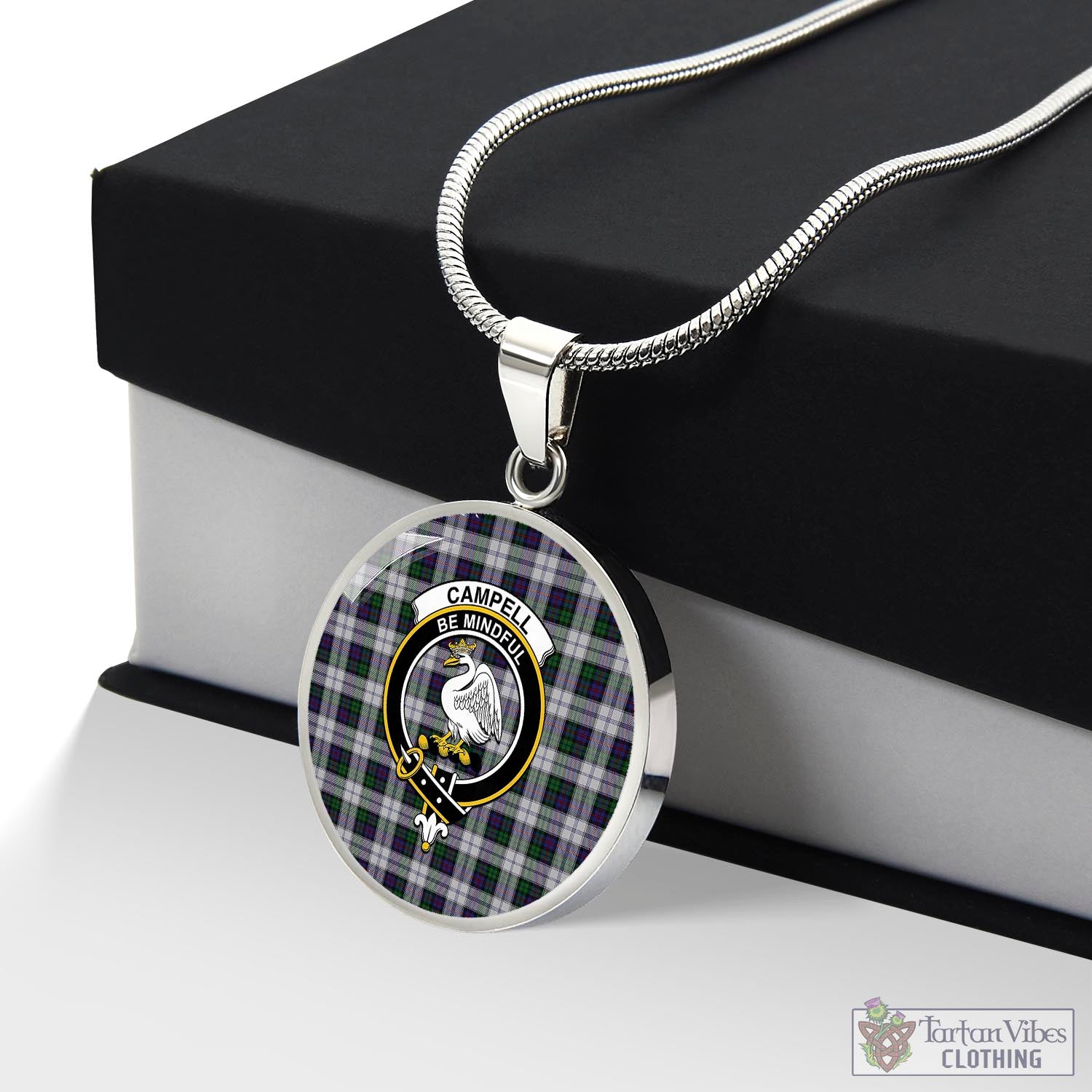 Tartan Vibes Clothing Campbell of Cawdor Dress Tartan Circle Necklace with Family Crest