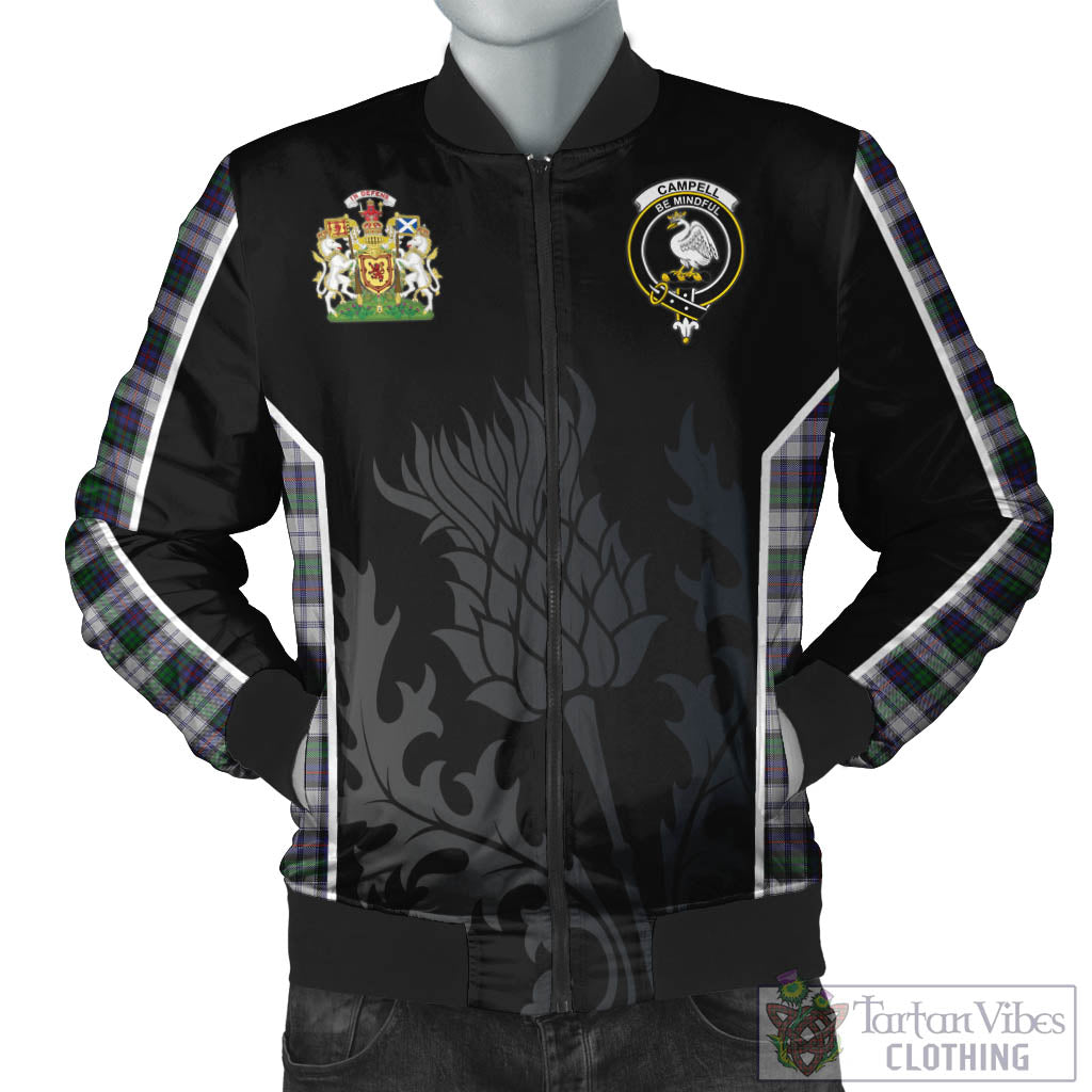 Tartan Vibes Clothing Campbell of Cawdor Dress Tartan Bomber Jacket with Family Crest and Scottish Thistle Vibes Sport Style