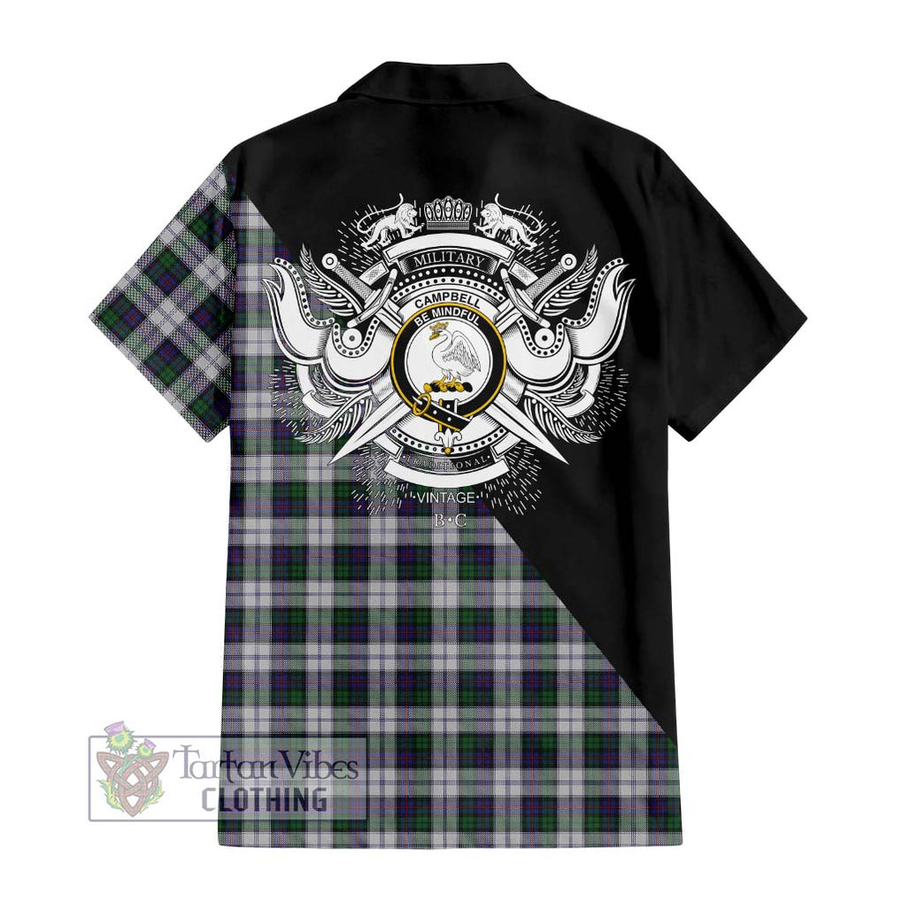 Campbell of Cawdor Dress Tartan Short Sleeve Button Shirt with Family Crest and Military Logo Style - Tartanvibesclothing Shop