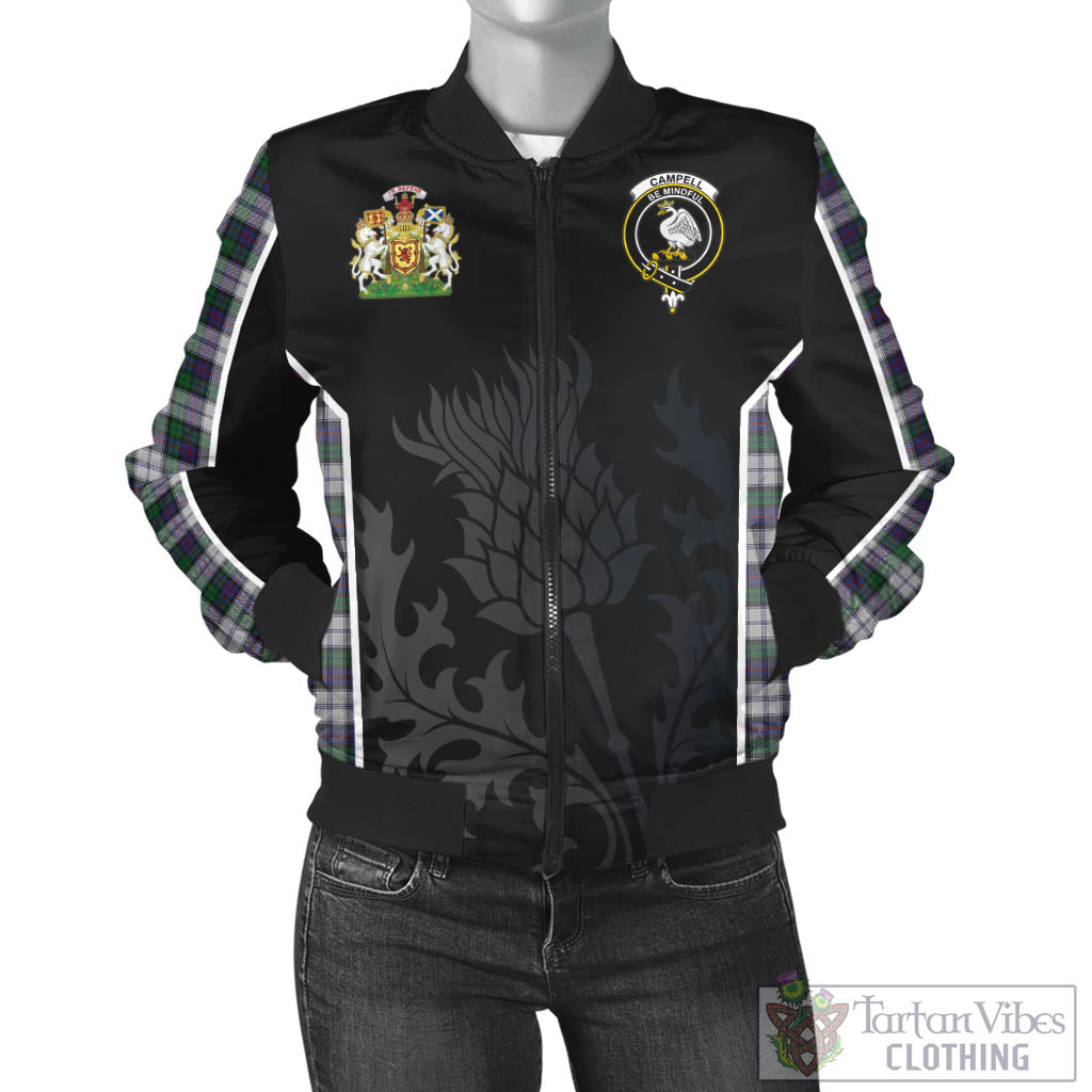 Tartan Vibes Clothing Campbell of Cawdor Dress Tartan Bomber Jacket with Family Crest and Scottish Thistle Vibes Sport Style