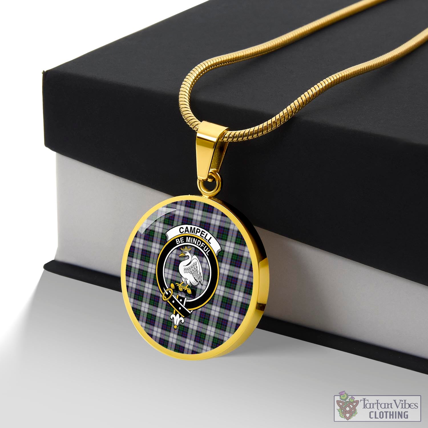 Tartan Vibes Clothing Campbell of Cawdor Dress Tartan Circle Necklace with Family Crest