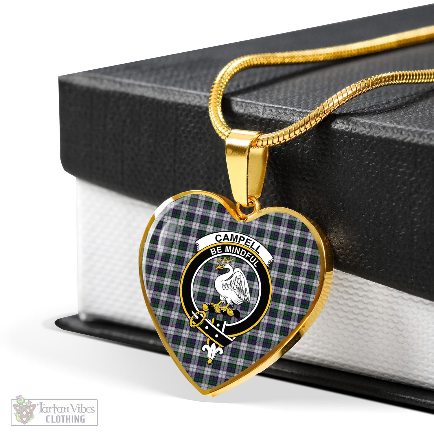 Tartan Vibes Clothing Campbell of Cawdor Dress Tartan Heart Necklace with Family Crest